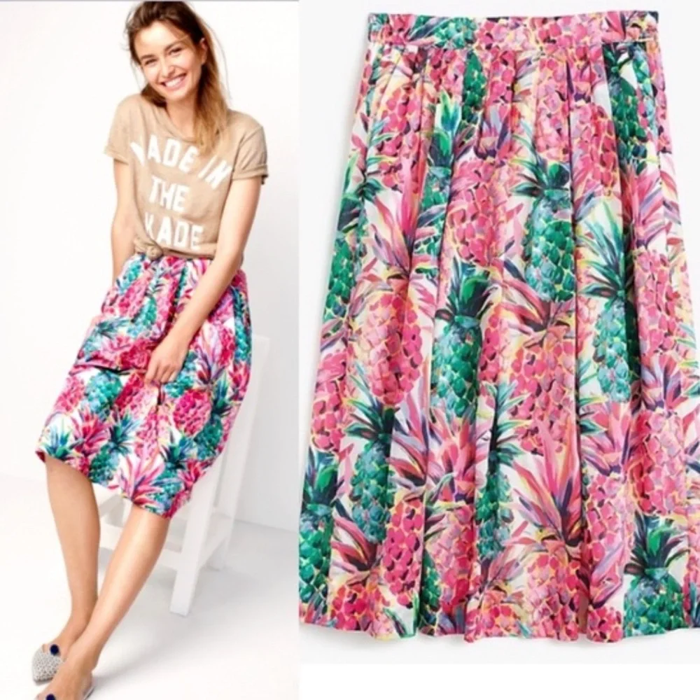 J.Crew A-Line Midi Skirt Ratti Painted Pink Pineapple Print Elastic Waist